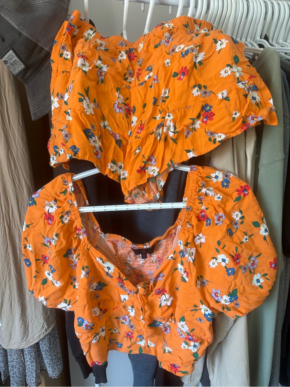 Bright Orange Floral Puff-Sleeve Crop Top & Skort Set